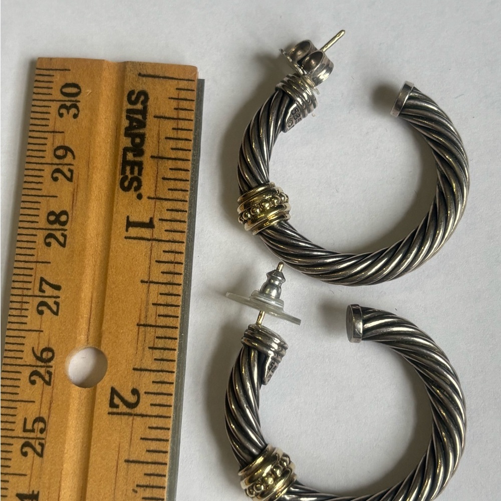 David Yurman Silver and Gold Twisted Hoop Earrings